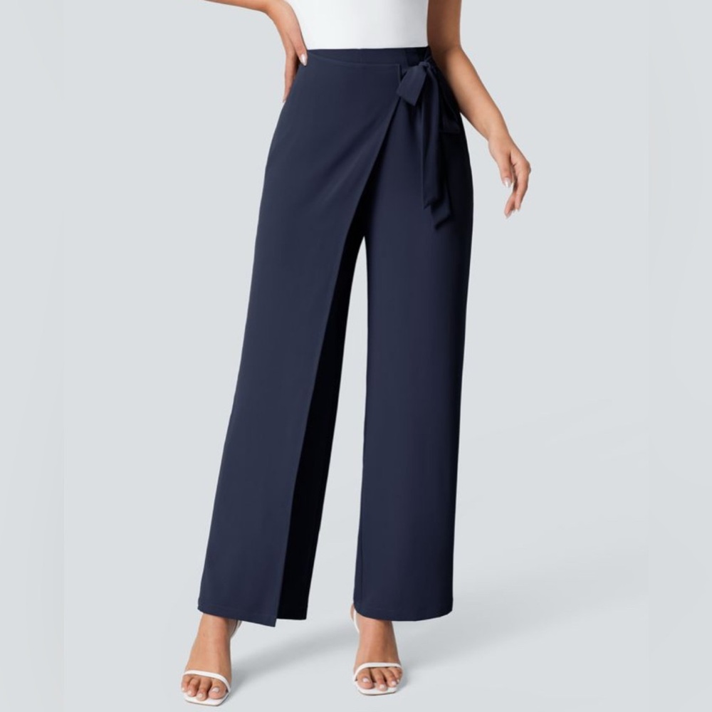 Halara High Waisted Tie Side invisible Zipper Wide Leg Work Pant in Peacoat